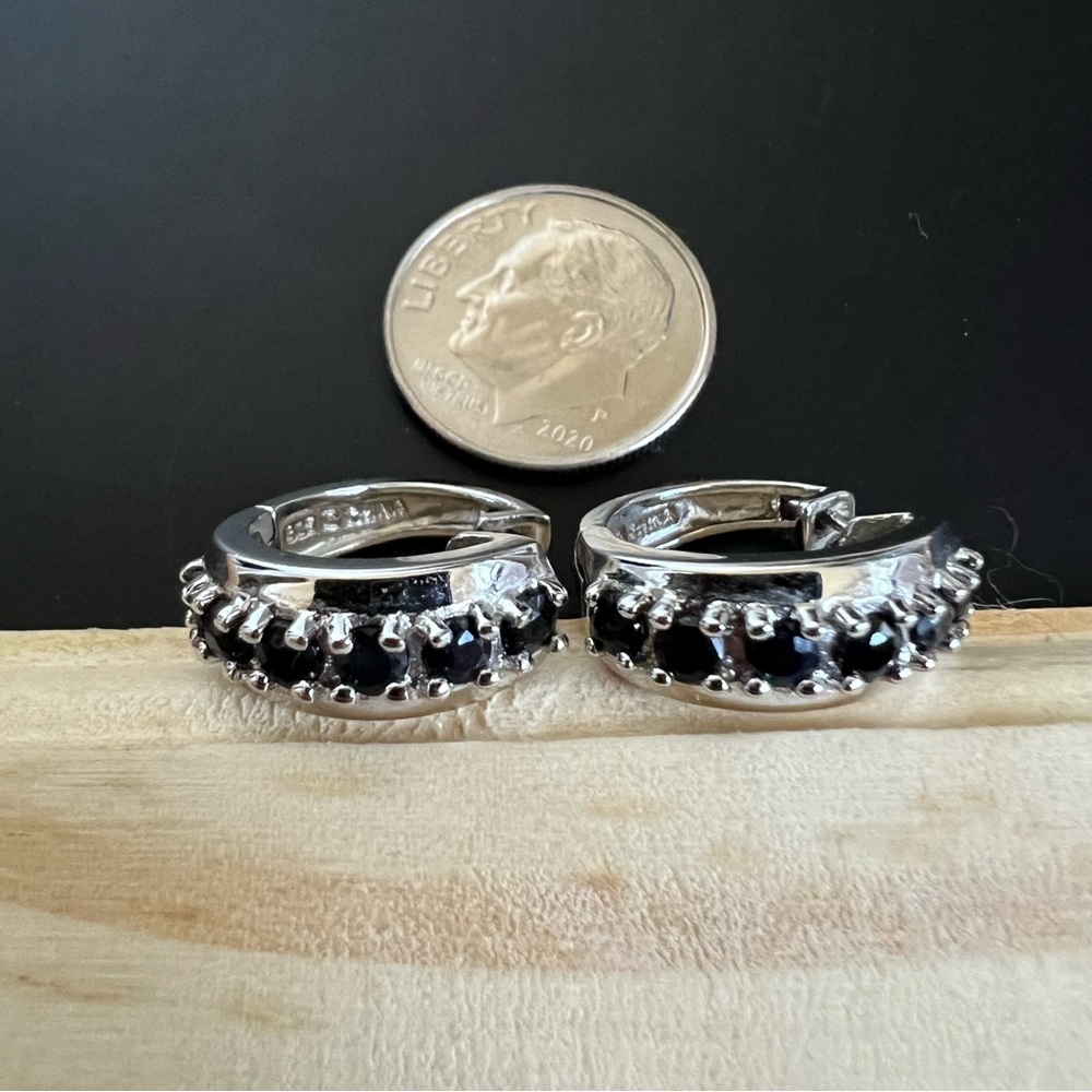 Sterling Silver Dark Blue Sapphire Hoop Earrings